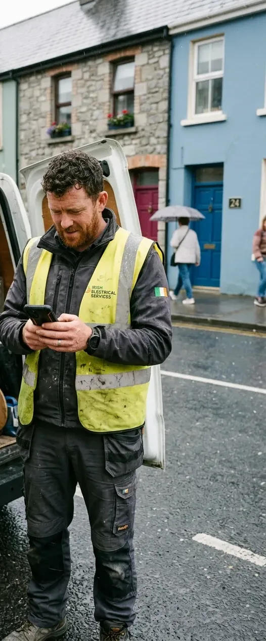 An electrician checks his phone beside his van on an Irish street